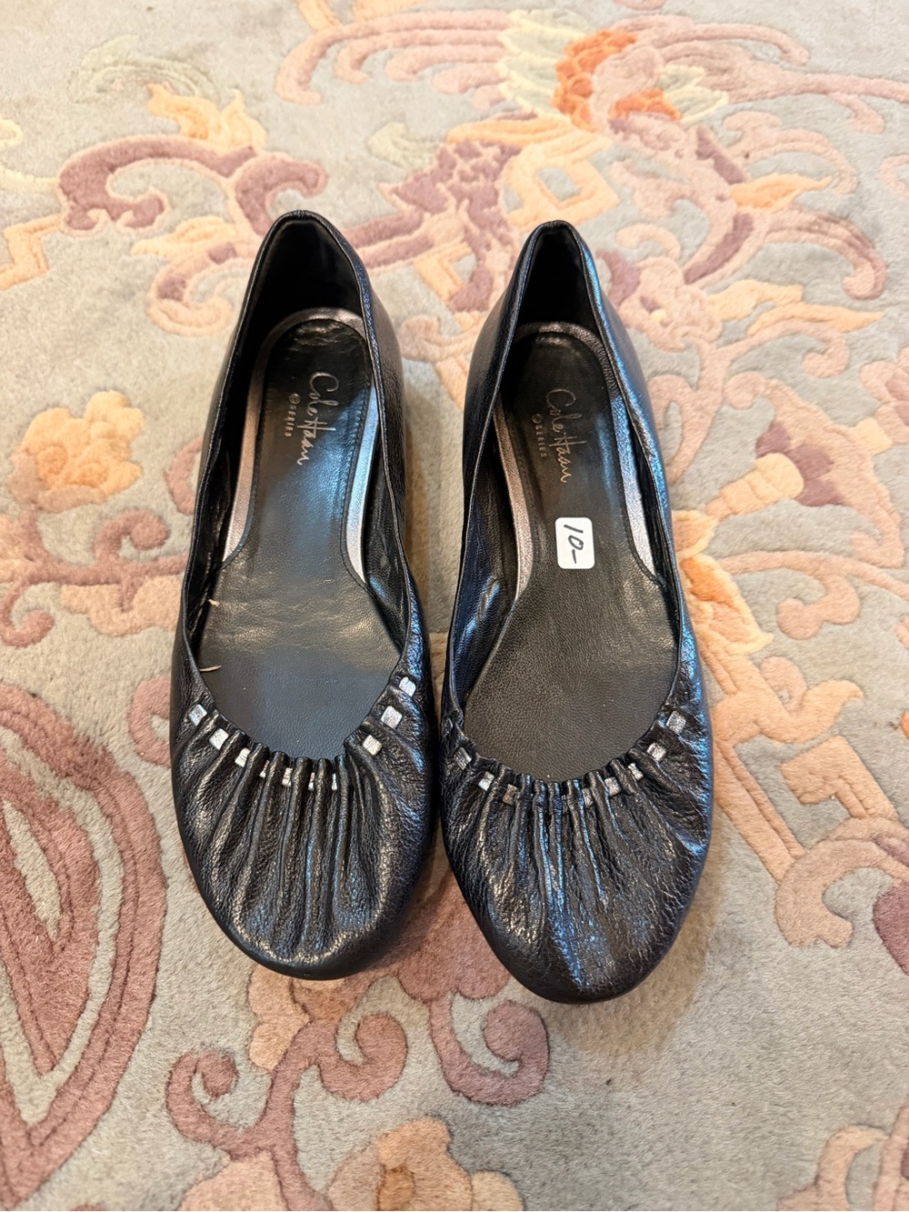 Cole Haan x Nike AIR Black Leather Ruched Toe Ballet Flats with Stud Accents
